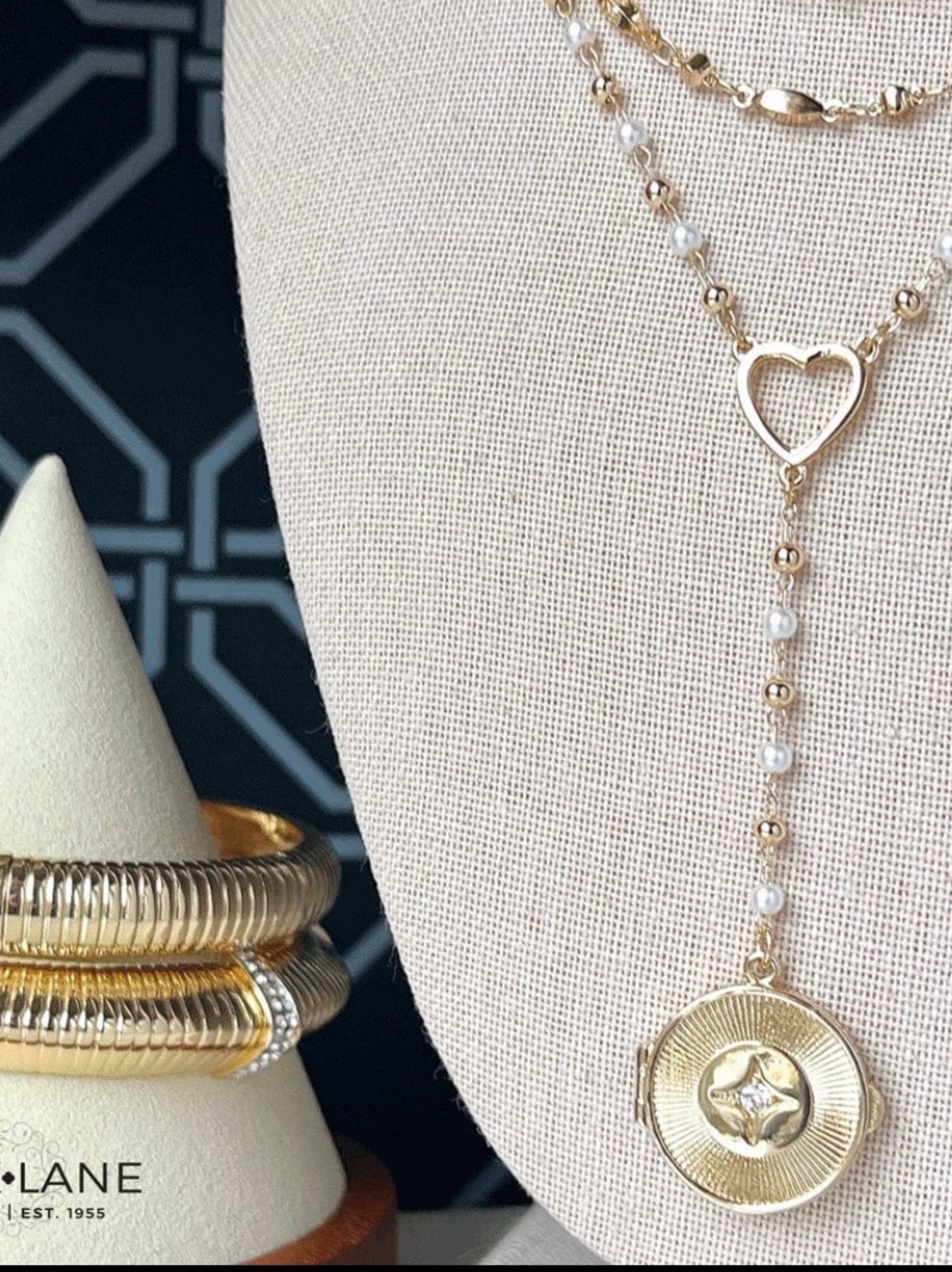 Park Lane LOVE LIGHT Locket, Gold Y-Necklace, Pearl Bead Chain, 16”+3”, NWT